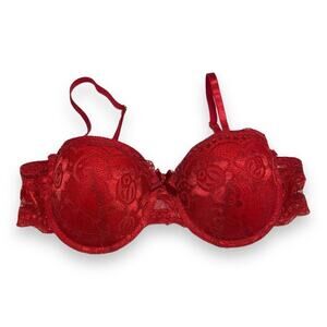 Inteco Intimates Womens Bra Sz 34B Red Lace Push Up‎ Padded